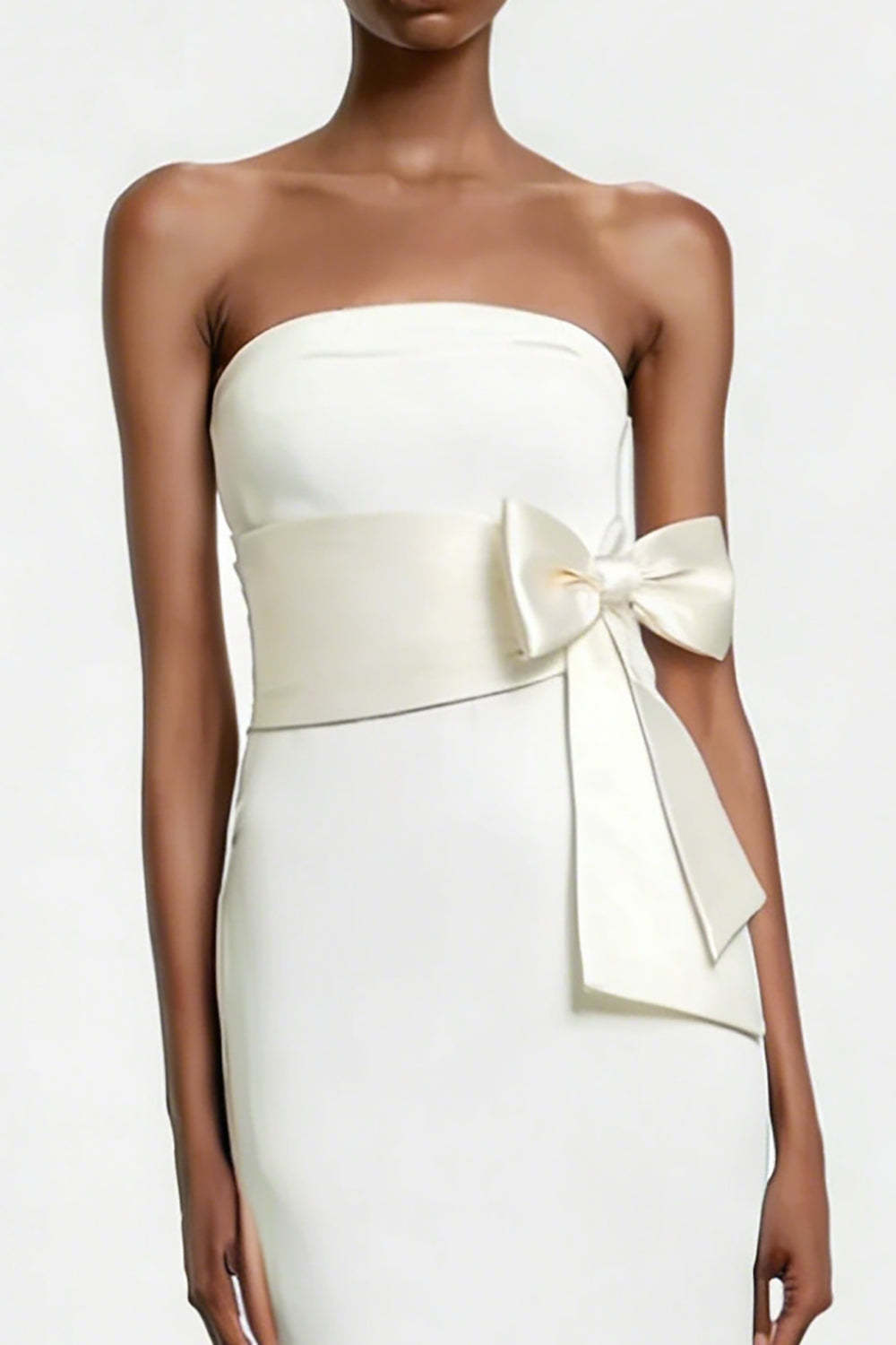 White Satin Strapless Sheath Midi Engagement Dress with Bow