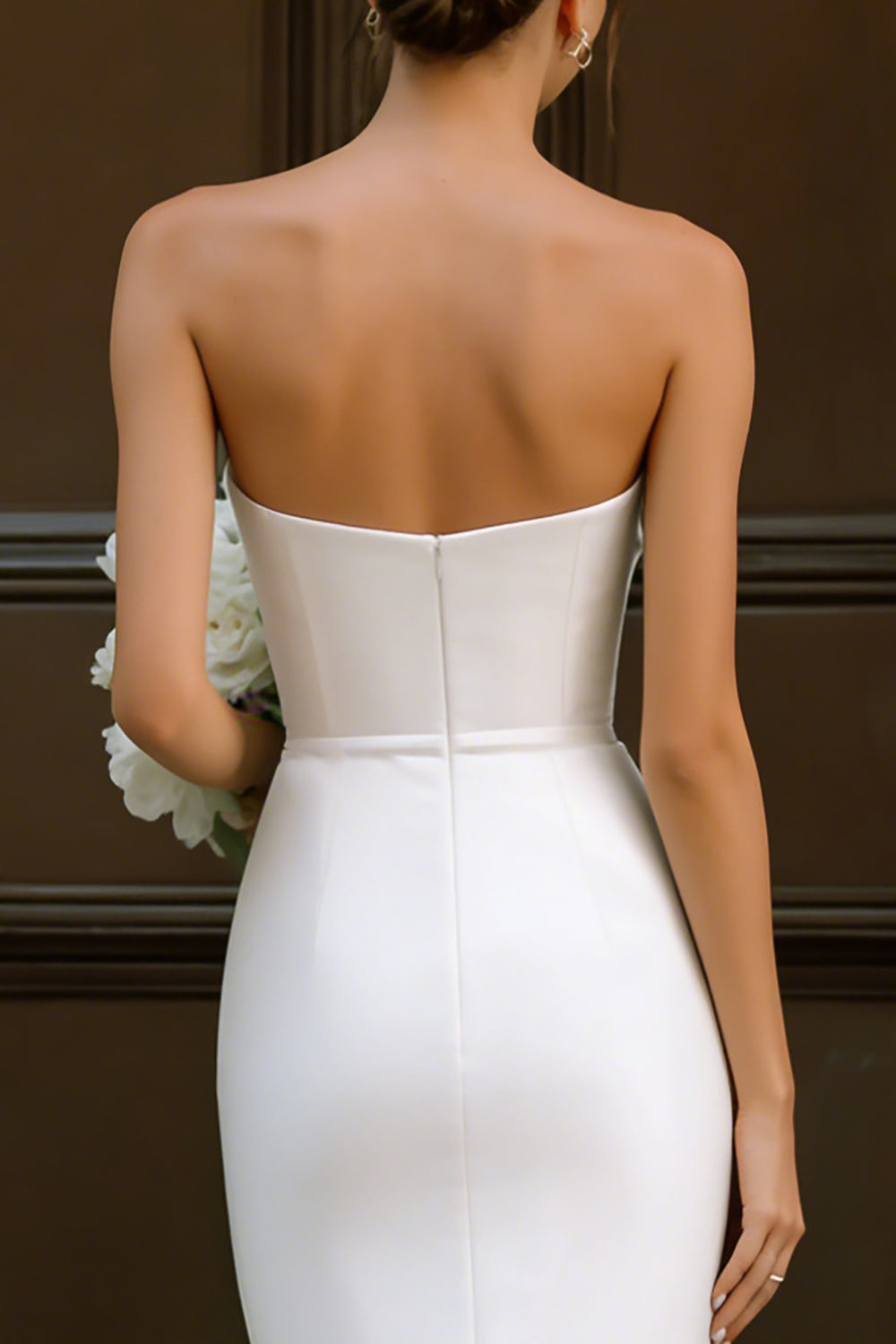 Simple White Strapless Bodycon Midi Engagement Dress with Bow