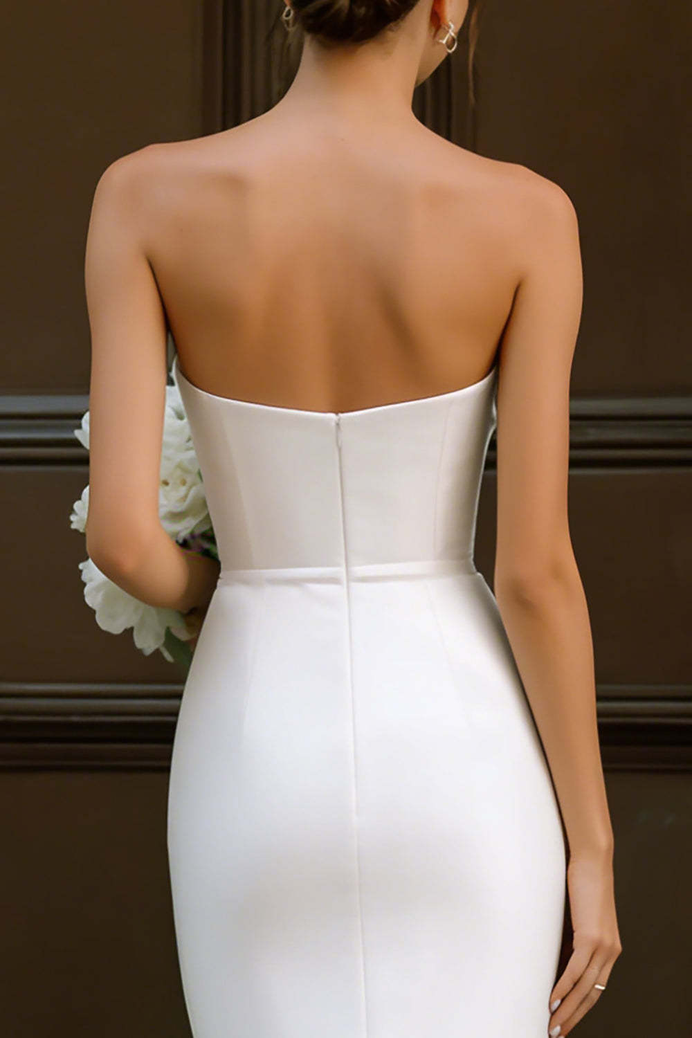 Simple White Strapless Bodycon Midi Engagement Dress with Bow