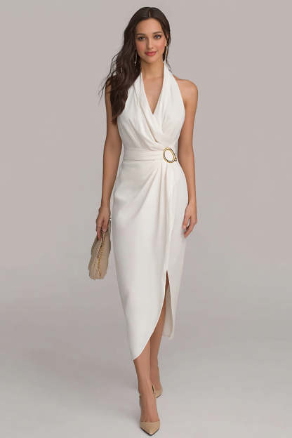 Leely Women White Chiffon Midi Engagement Dress with Slit Ruched Halter Neck Bodycon Backless Bridal Shower Dress