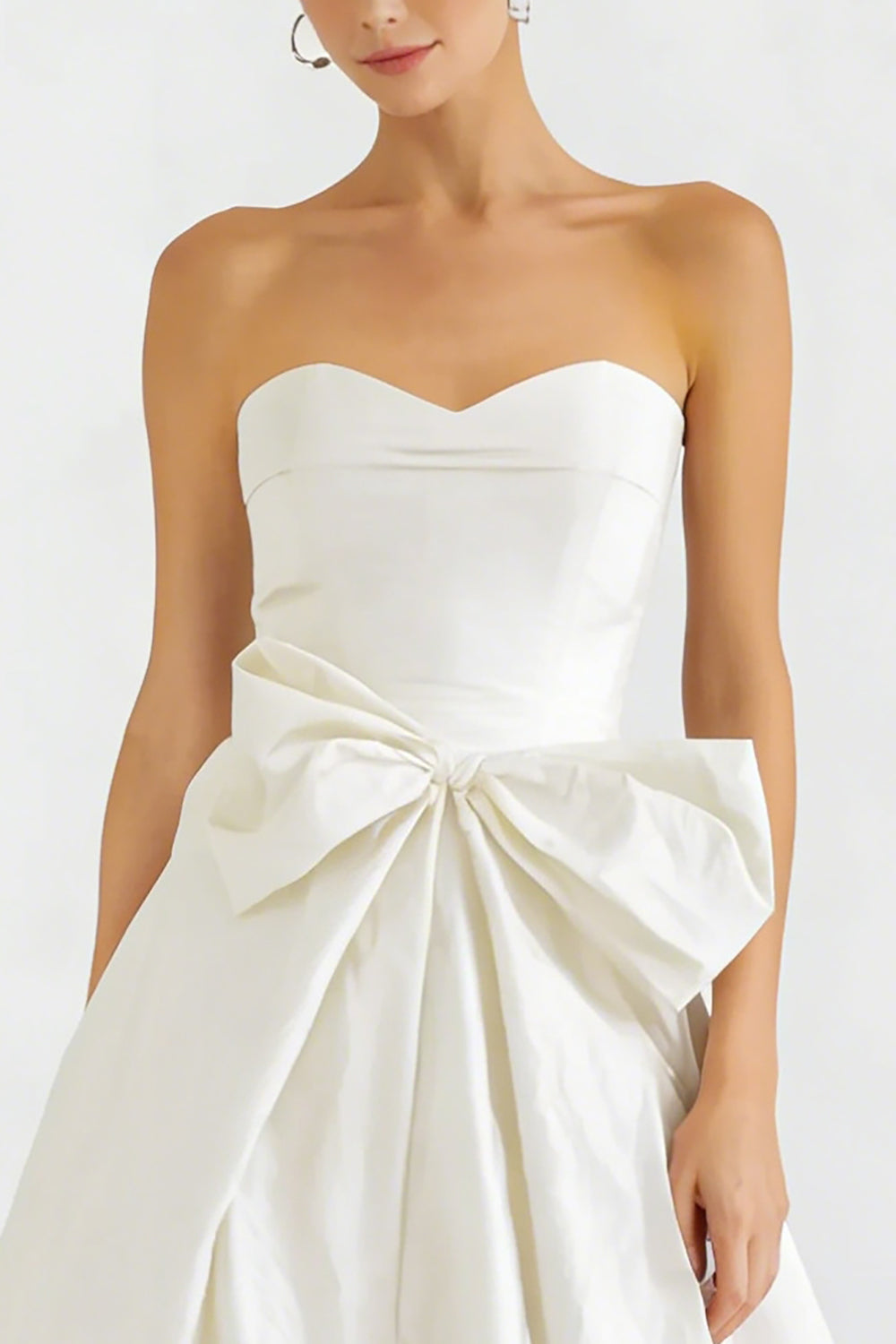 White Sweetheart Satin A Line Long Engagement Dress with Bow