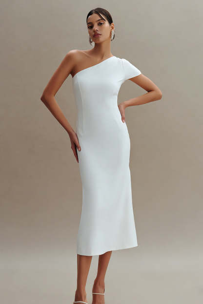 Leely Women Simple White One Shoulder Midi Engagement Dress Satin Sheath Bridal Shower Dress