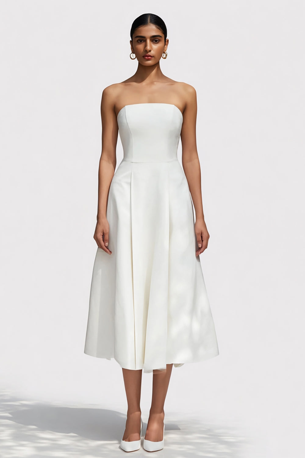 Leely Women Simple White Satin Midi Engagement Dress Strapless A Line Bridal Shower Dress