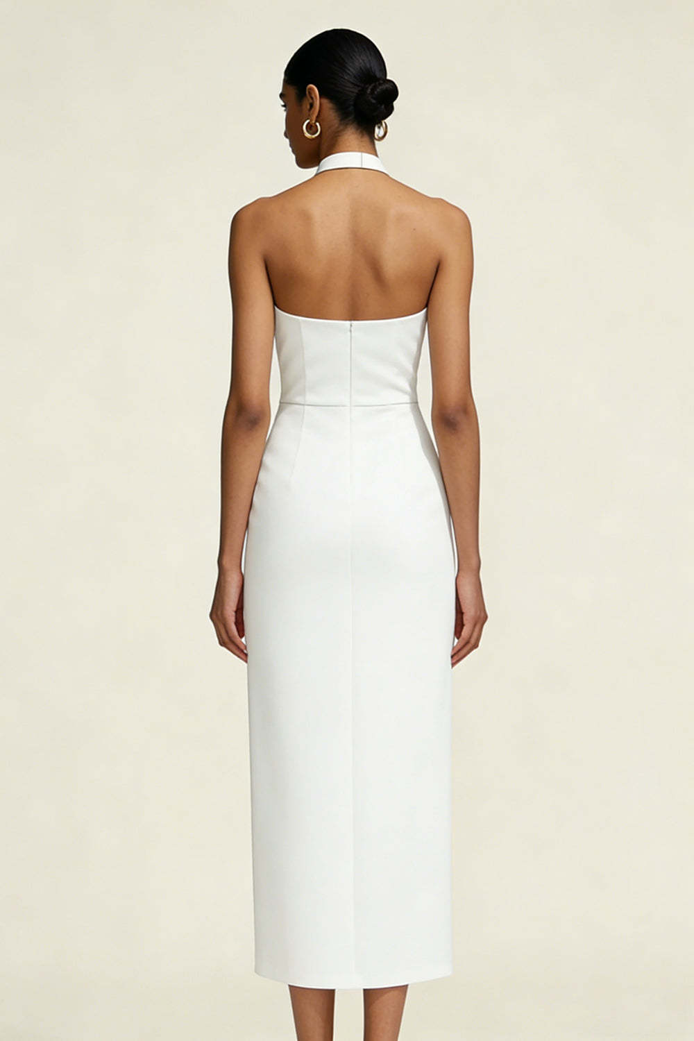 Simple White Sheath Satin Halter Neck Midi Engagement Dress