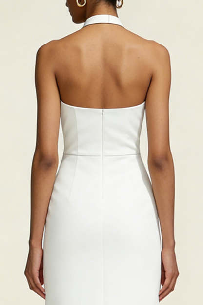 Simple White Sheath Satin Halter Neck Midi Engagement Dress