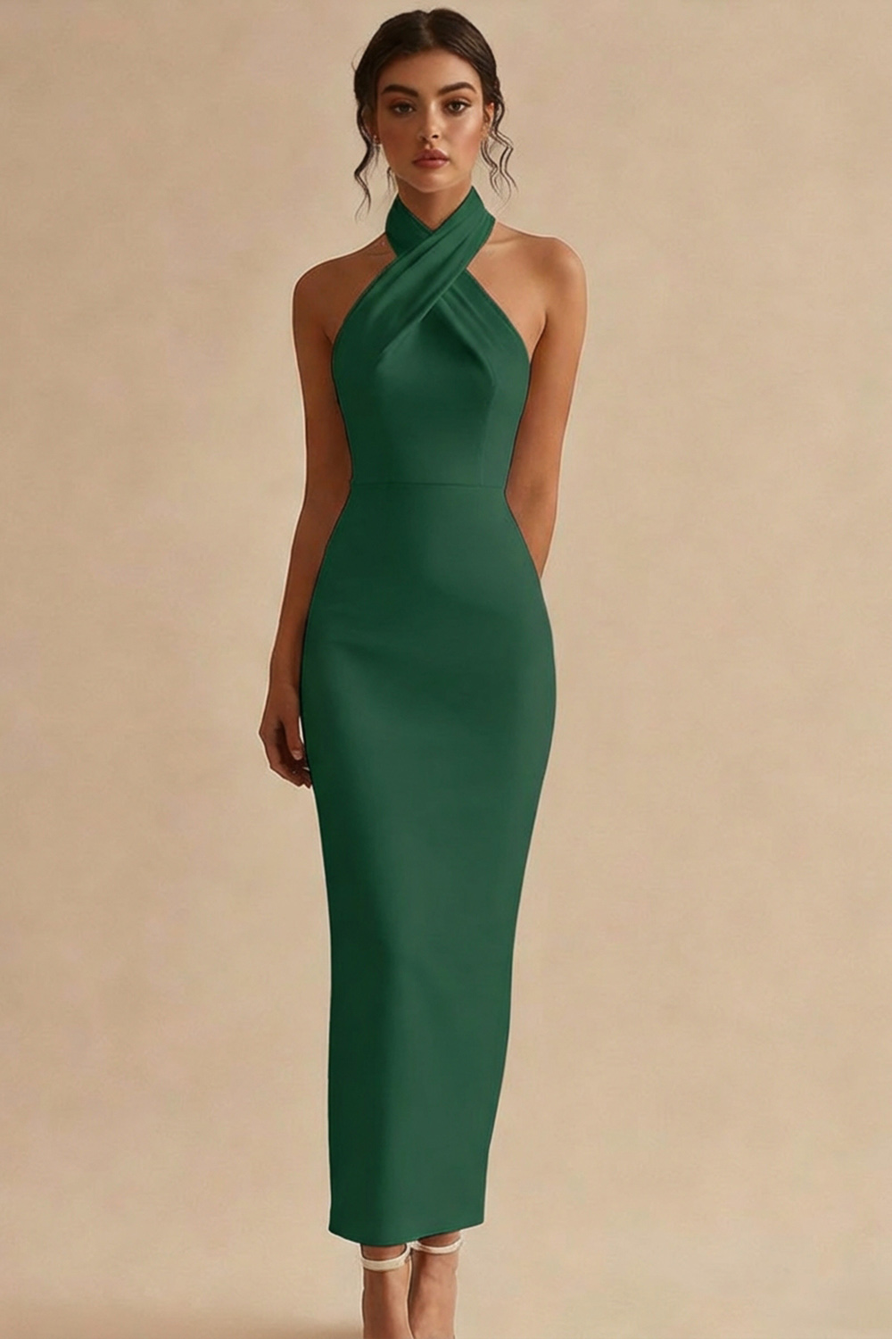 Simple Ivory Halter Neck Bodycon Maxi Engagement Dress
