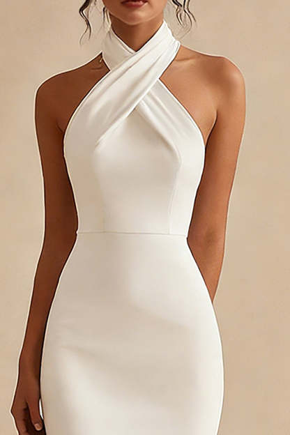 Simple Ivory Halter Neck Bodycon Maxi Engagement Dress