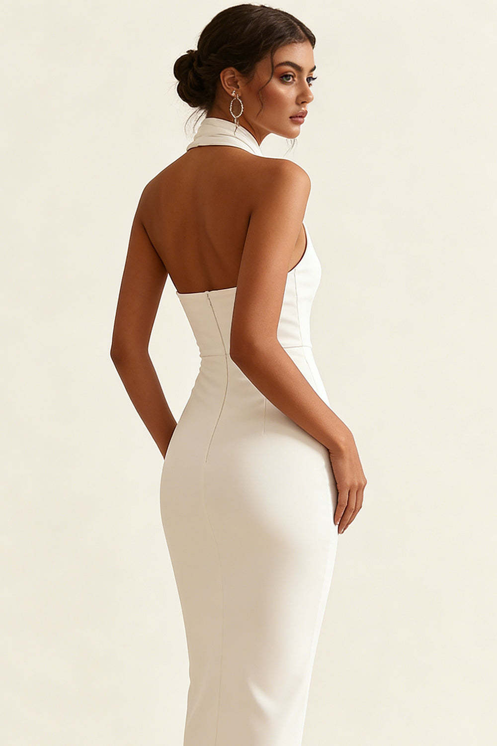 Simple Ivory Halter Neck Bodycon Maxi Engagement Dress