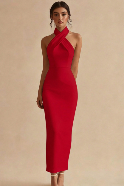 Simple Ivory Halter Neck Bodycon Maxi Engagement Dress