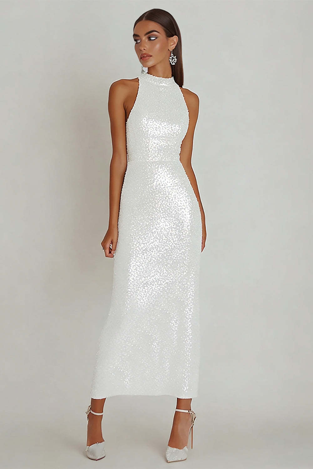 Leely Women Sparkly White Sequins Long Engagement Dress Sheath Bateau Neck Bridal Dress