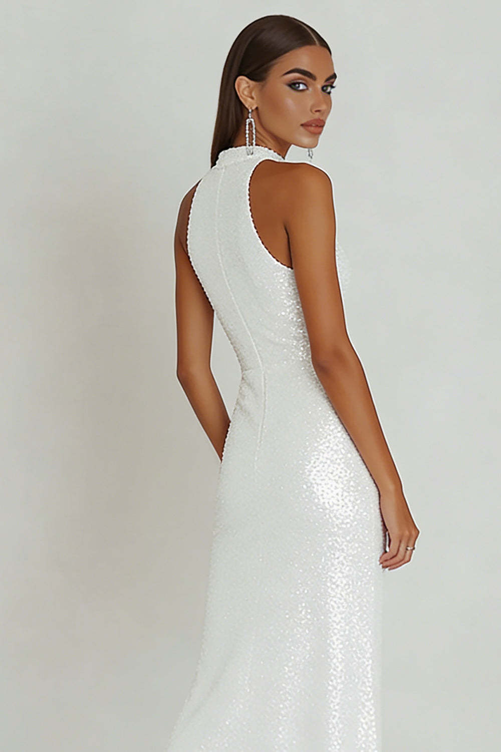 Sparkly White Sequin Sheath Long Engagement Dress