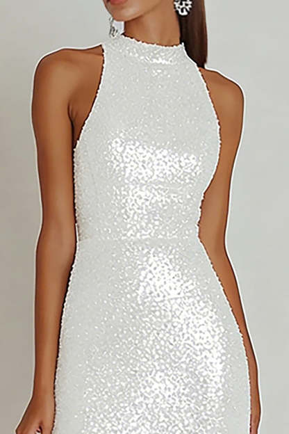 Sparkly White Sequin Sheath Long Engagement Dress