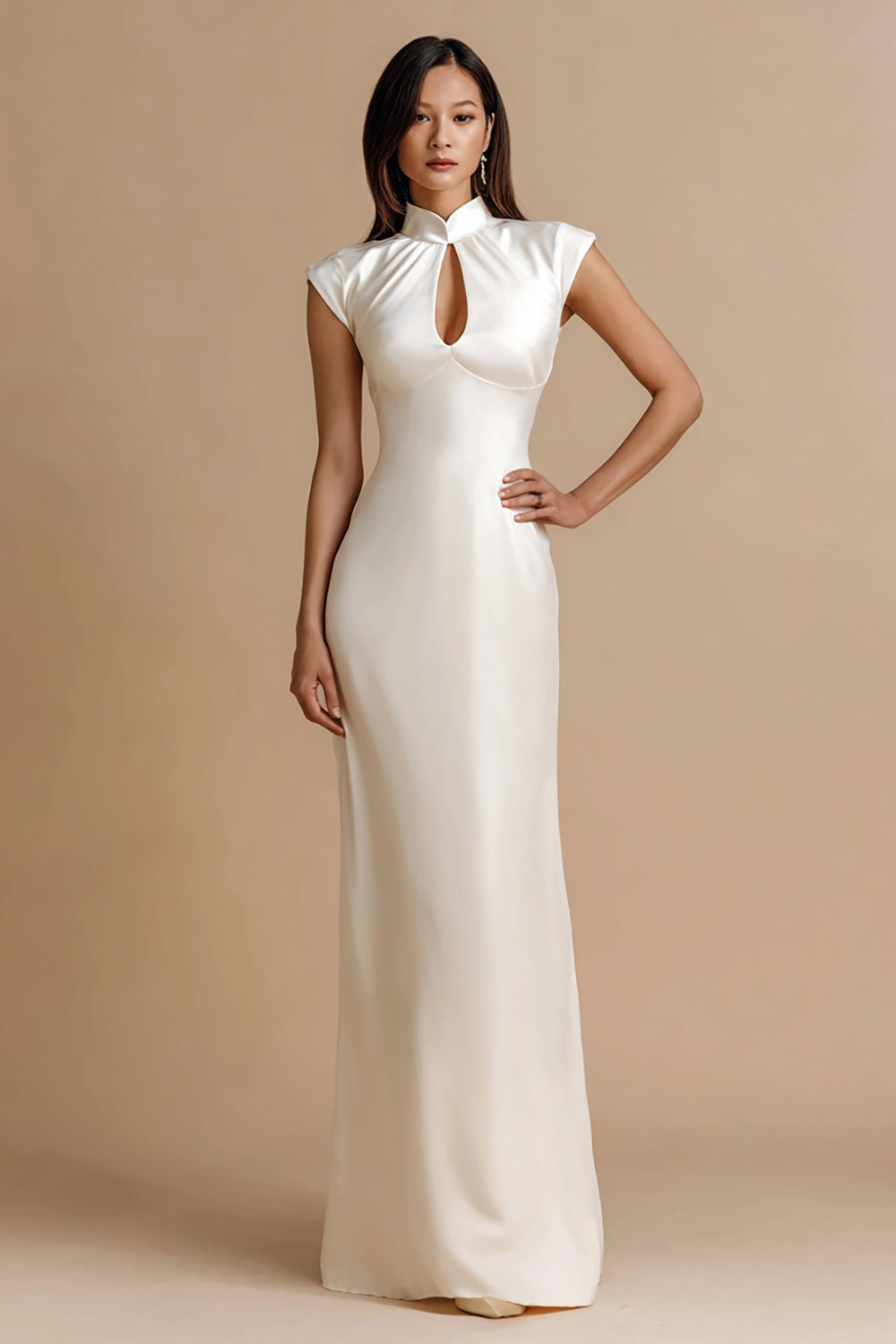 Leely Women Ivory Sheath Maxi Engagement Dress with Keyhole Satin High Neck Cap Sleeves Rehearsal Dinner Dress