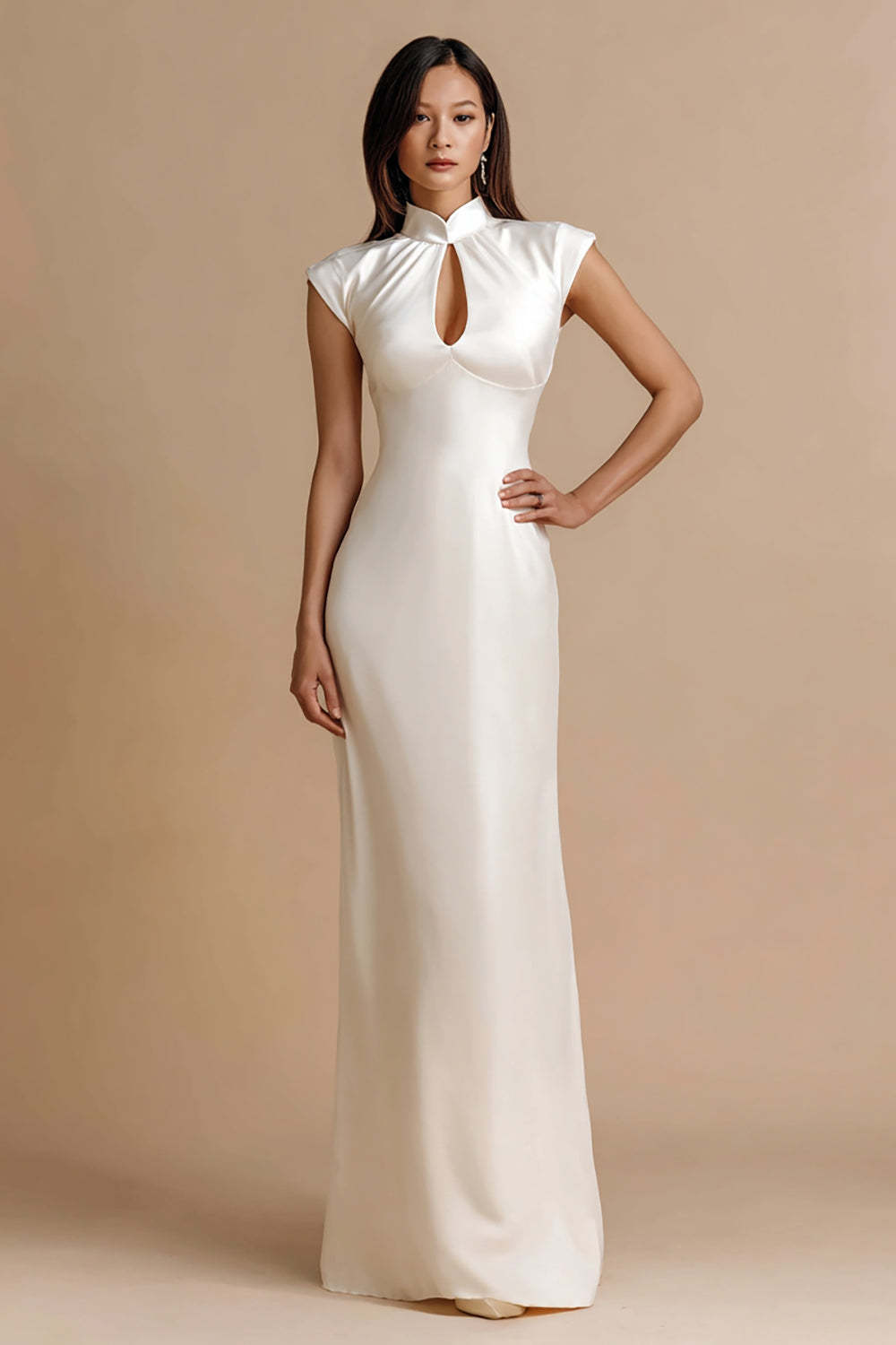 Leely Women Ivory Sheath Maxi Engagement Dress with Keyhole Satin High Neck Cap Sleeves Rehearsal Dinner Dress