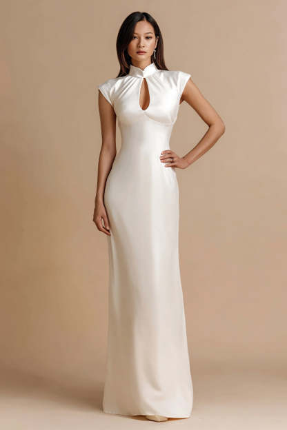 Leely Women Ivory Sheath Maxi Engagement Dress with Keyhole Satin High Neck Cap Sleeves Rehearsal Dinner Dress