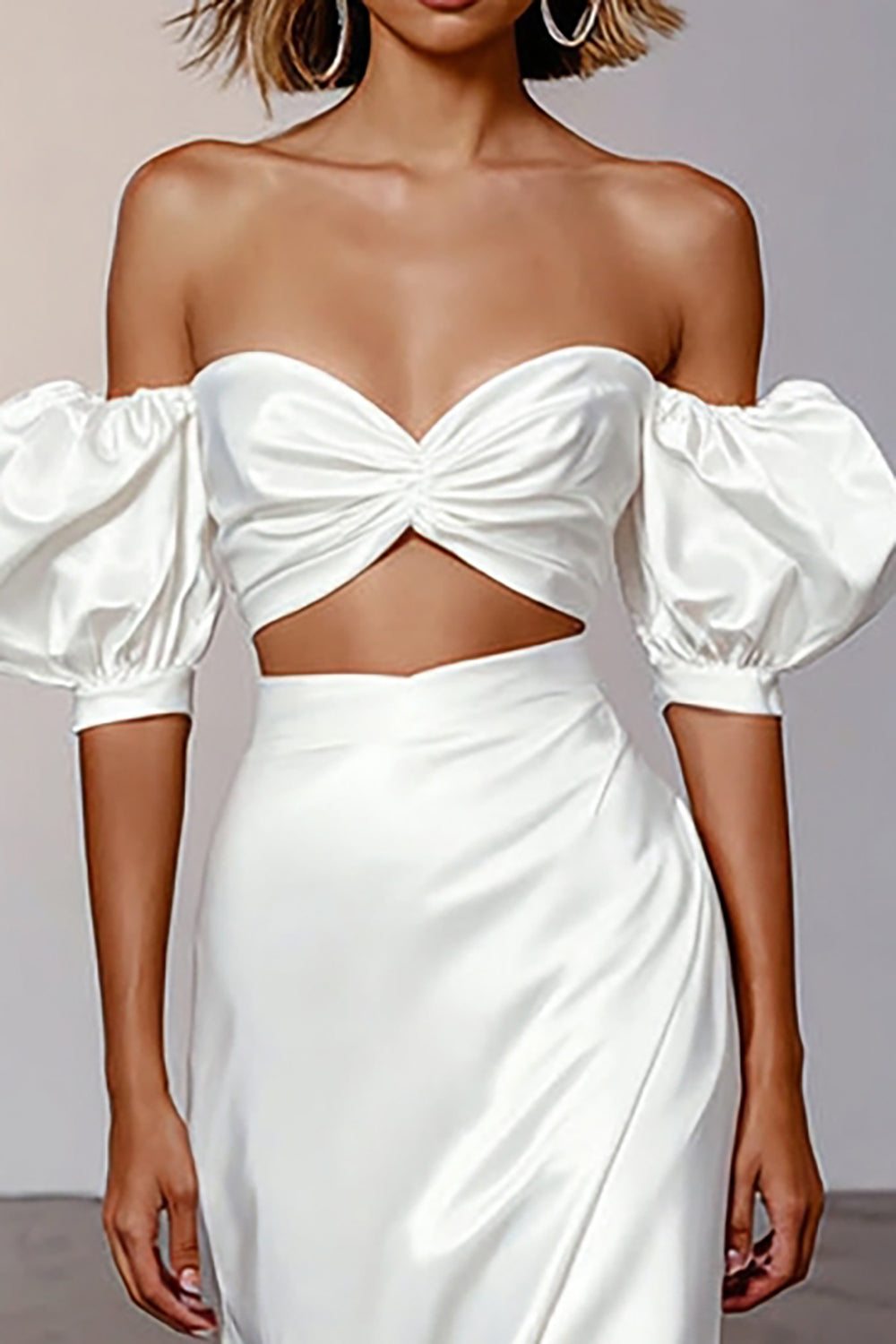 White Sheath Satin Puff Sleeves Long Engagement Dress