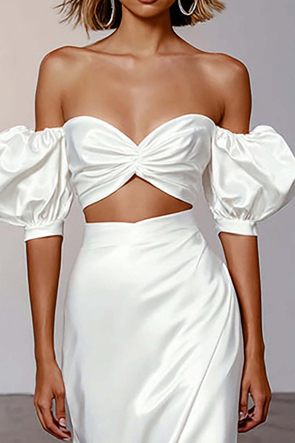 White Sheath Satin Puff Sleeves Long Engagement Dress