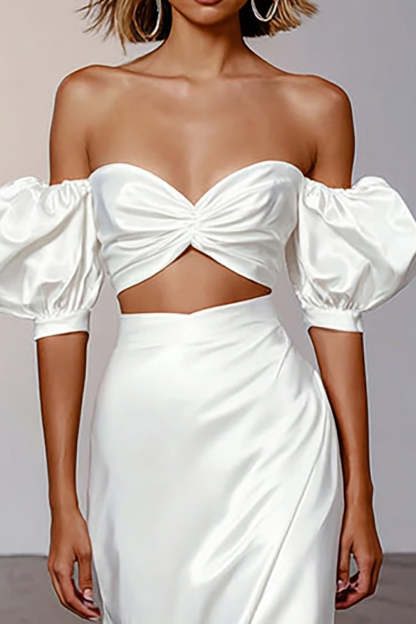White Sheath Satin Puff Sleeves Long Engagement Dress
