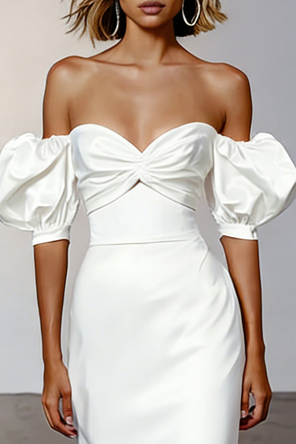 White Satin Off the Shoulder Mermaid Midi Engagement Dress