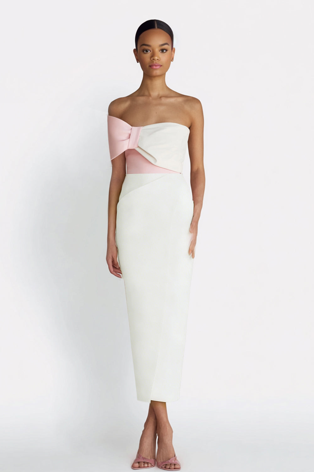 Leely Women Ivory Bodycon Midi Engagement Dress with Bow One Shoulder Satin Bridal Shower Dress
