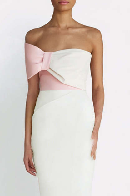 Ivory Bodycon One Shoulder Midi Engagement Dress with Bow