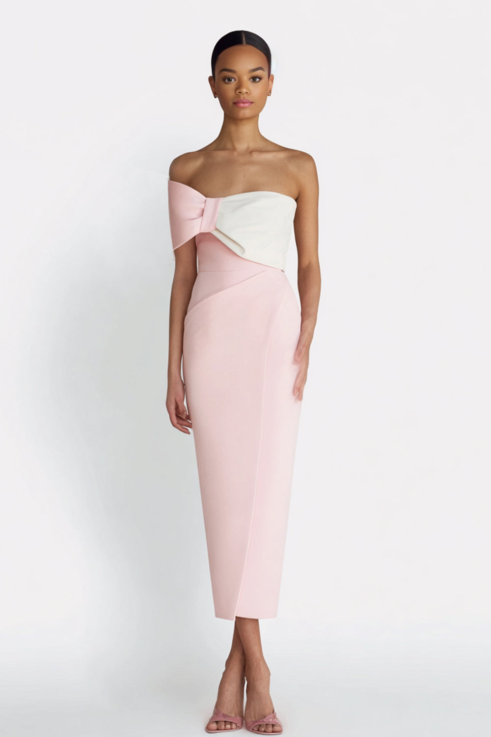 Ivory Bodycon One Shoulder Midi Engagement Dress with Bow