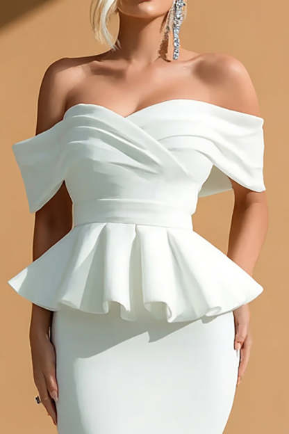 Simple White Ruffled Sheath Midi Wedding Reception Dress