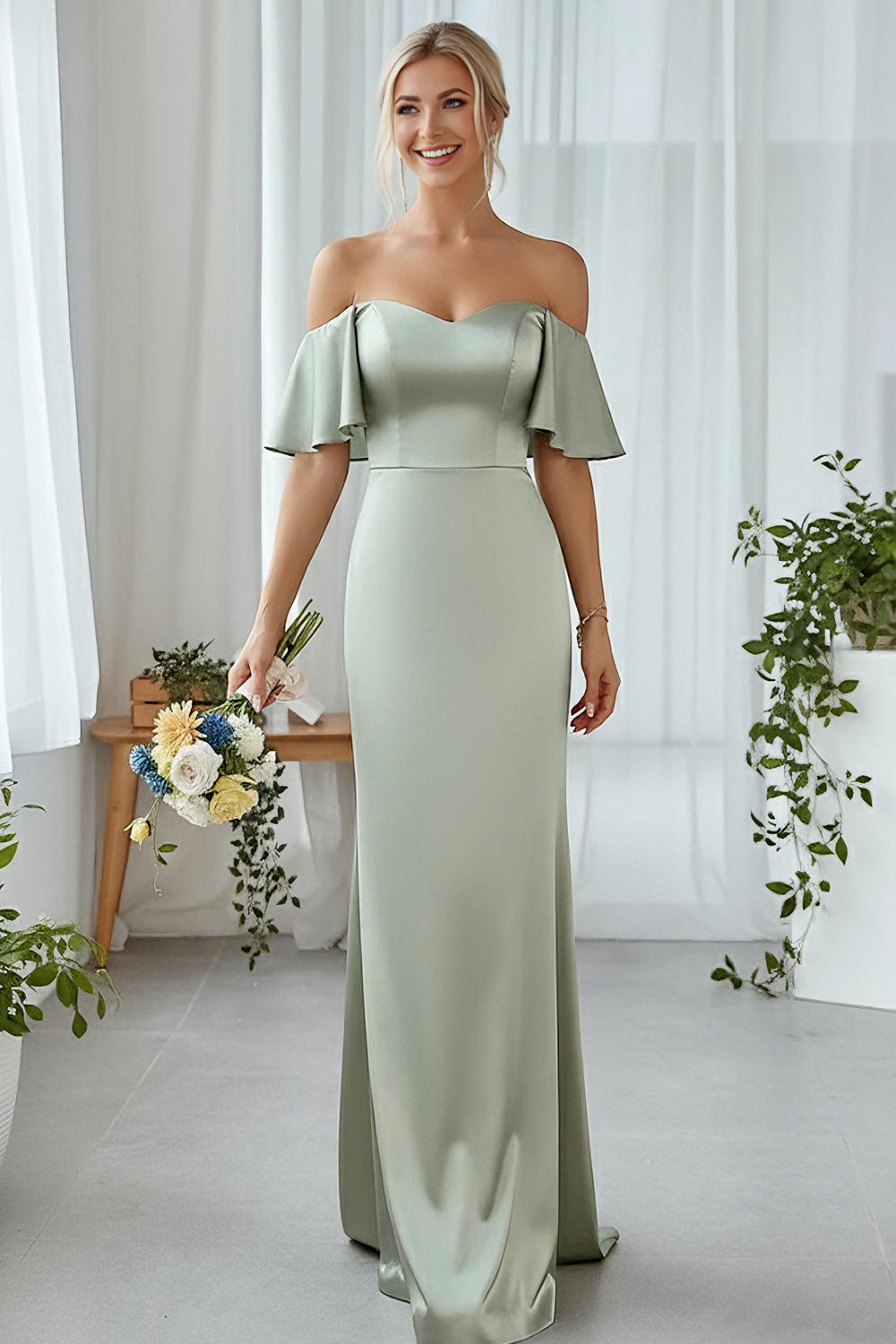 Dusty Sage Sheath Off the Shoulder Satin Maxi Bridesmaid Dress