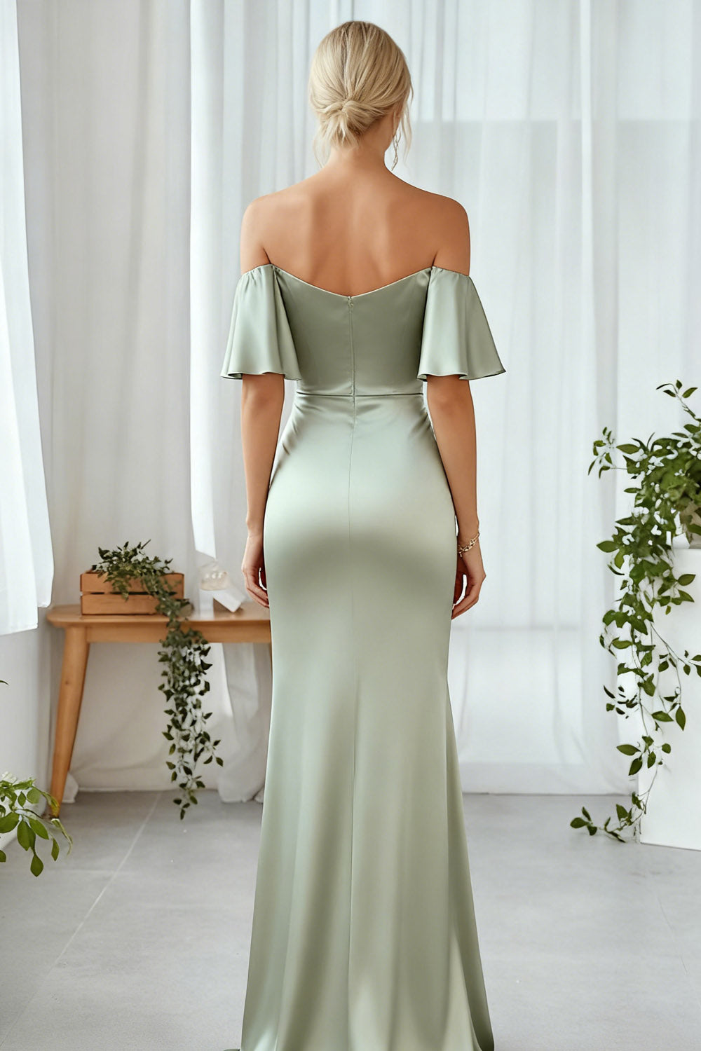 Dusty Sage Sheath Off the Shoulder Satin Maxi Bridesmaid Dress