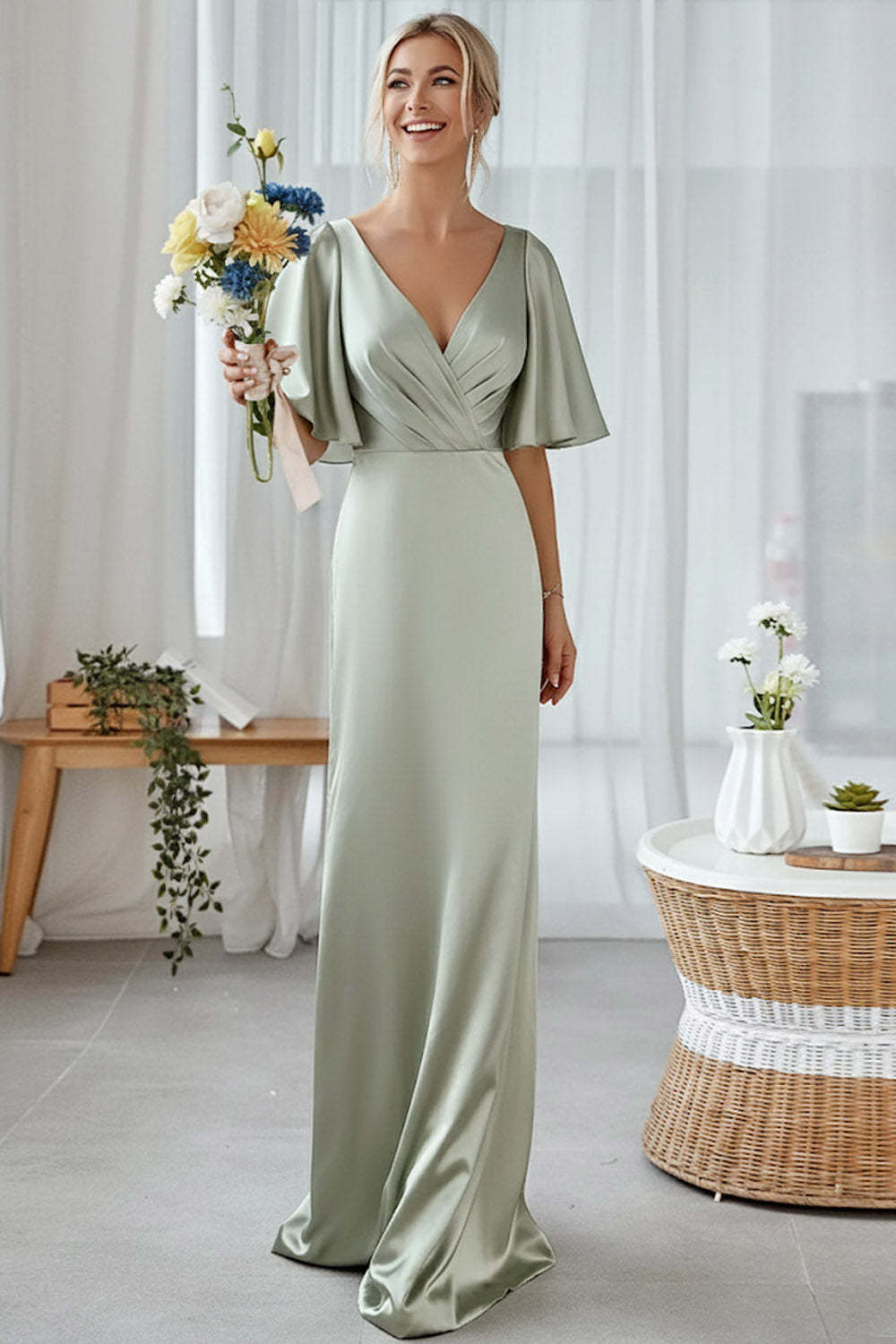 Leely Women Dusty Sage Sheath Satin Long Bridesmaid Dress Backless V-Neck Half Sleeves Wedding Guest Dress