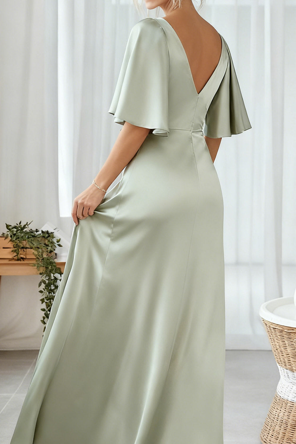 Dusty Sage Sheath V-Neck Half Sleeves Long Bridesmaid Dress