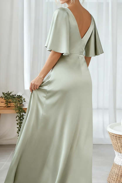 Dusty Sage Sheath V-Neck Half Sleeves Long Bridesmaid Dress