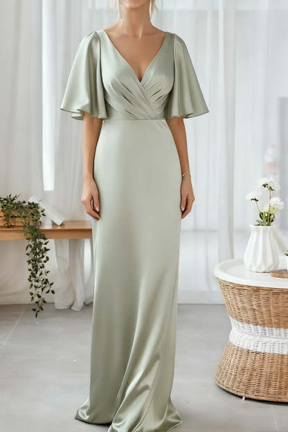 Dusty Sage Sheath V-Neck Half Sleeves Long Bridesmaid Dress
