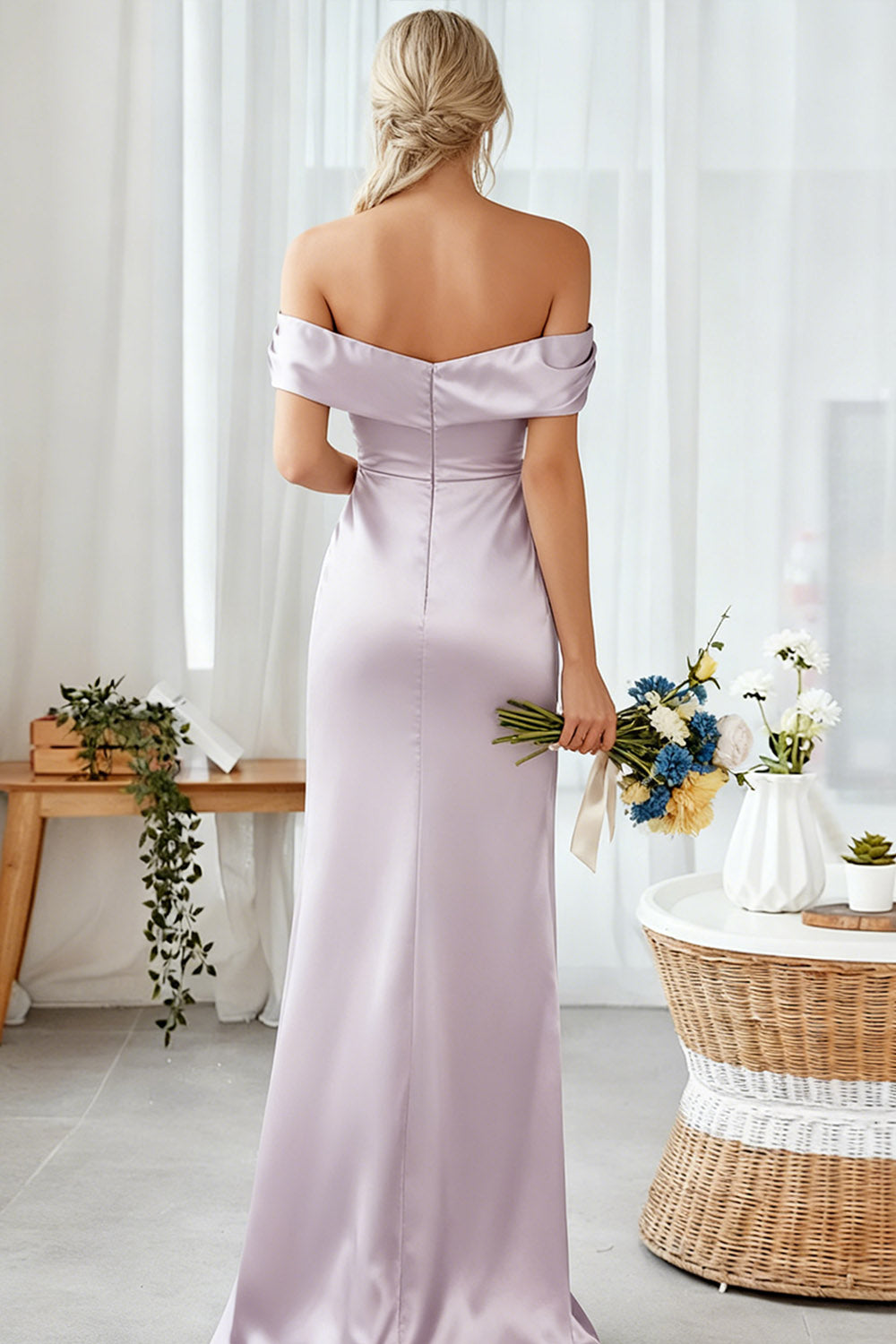 Lilac Off the Shoulder Sheath Long Bridesmaid Dress