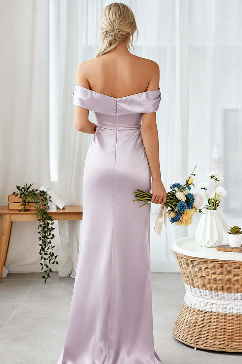 Lilac Off the Shoulder Sheath Long Bridesmaid Dress
