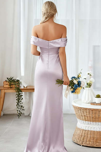 Lilac Off the Shoulder Sheath Long Bridesmaid Dress