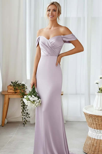 Lilac Off the Shoulder Sheath Long Bridesmaid Dress