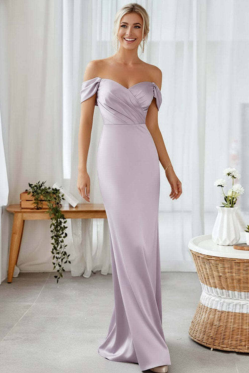 Lilac Off the Shoulder Sheath Long Bridesmaid Dress