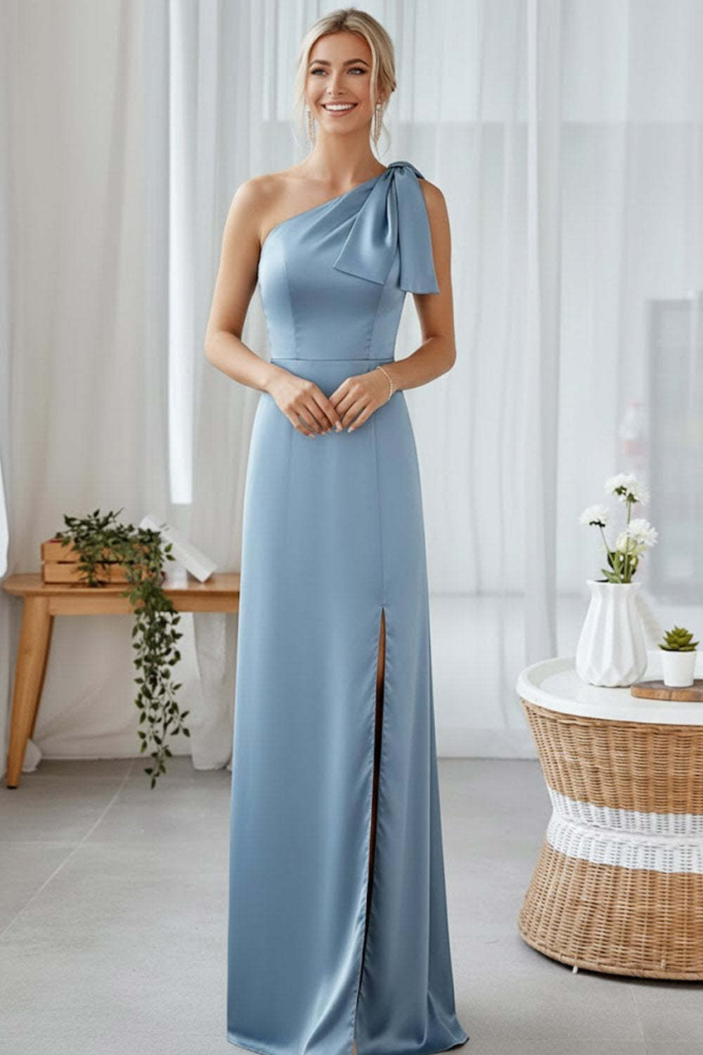 Blue Sheath One Shoulder Satin Maxi Bridesmaid Dress with Slit
