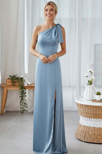 Blue Sheath One Shoulder Satin Maxi Bridesmaid Dress with Slit