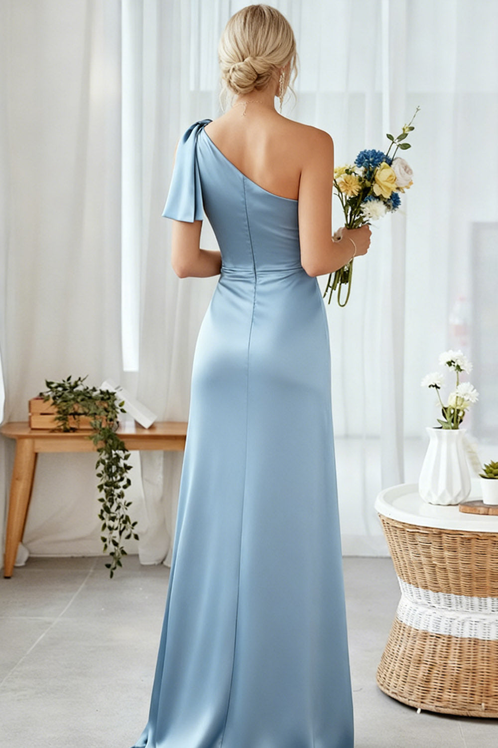 Blue Sheath One Shoulder Satin Maxi Bridesmaid Dress with Slit