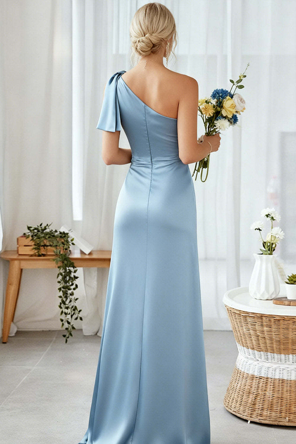 Blue Sheath One Shoulder Satin Maxi Bridesmaid Dress with Slit
