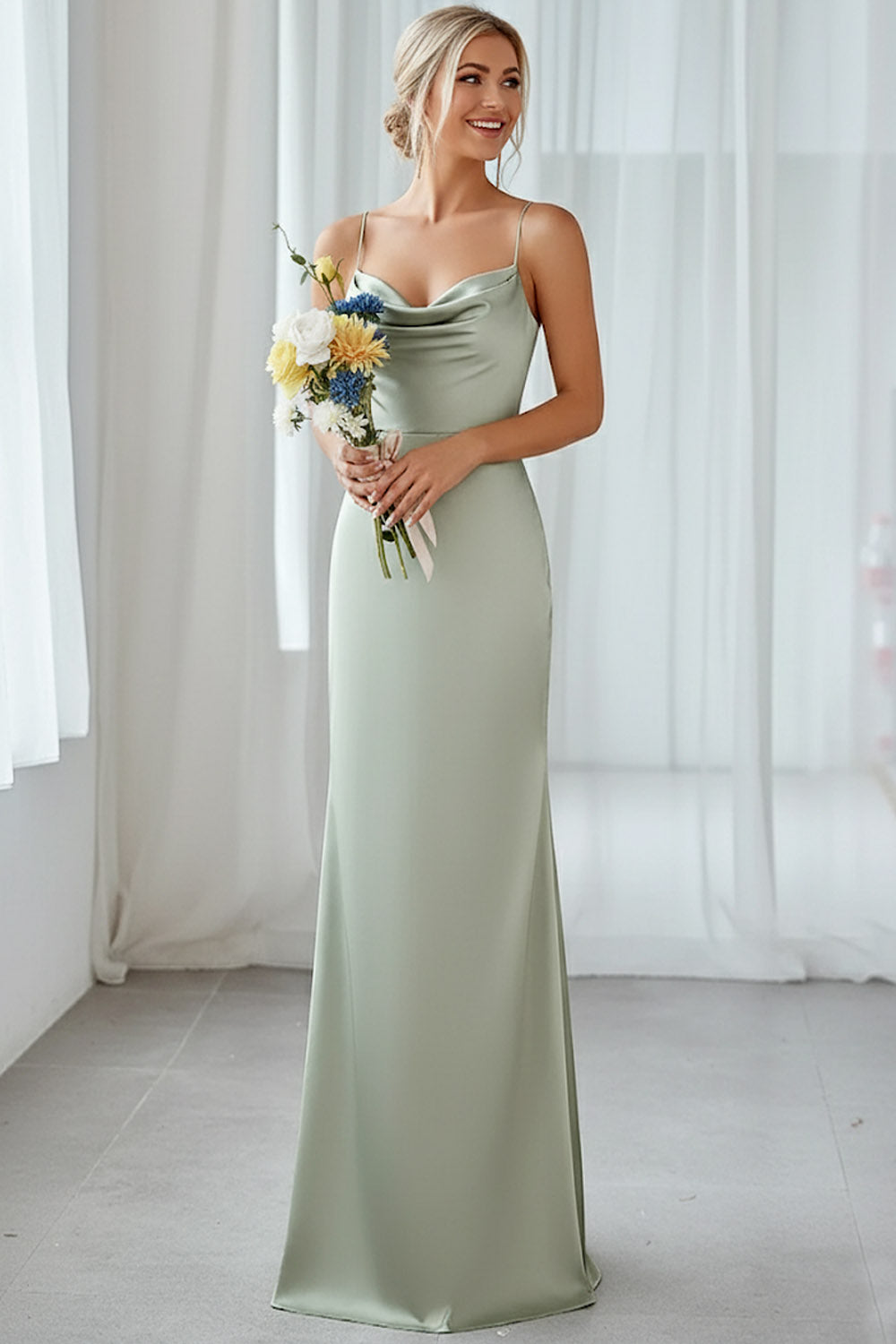Dusty Sage Mermaid Satin Cowl Neck Maxi Bridesmaid Dress