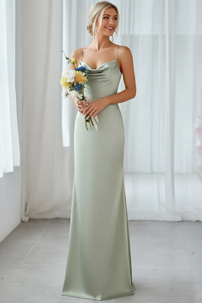 Leely Women Dusty Sage Satin Maxi Bridesmaid Dress Mermaid Cowl Neck Spaghetti Straps Wedding Guest Dress