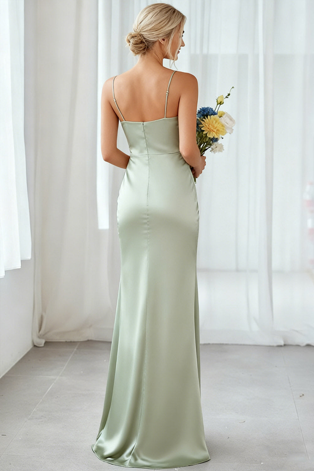 Dusty Sage Mermaid Satin Cowl Neck Maxi Bridesmaid Dress