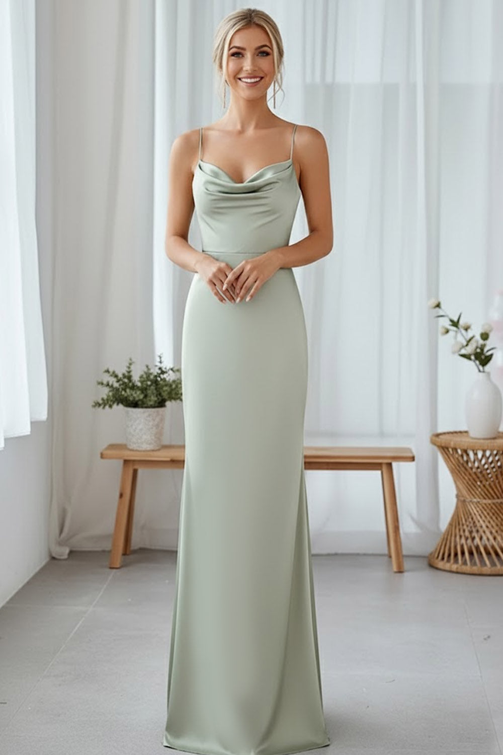 Dusty Sage Mermaid Satin Cowl Neck Maxi Bridesmaid Dress