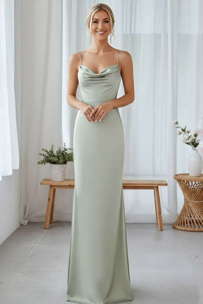 Dusty Sage Mermaid Satin Cowl Neck Maxi Bridesmaid Dress