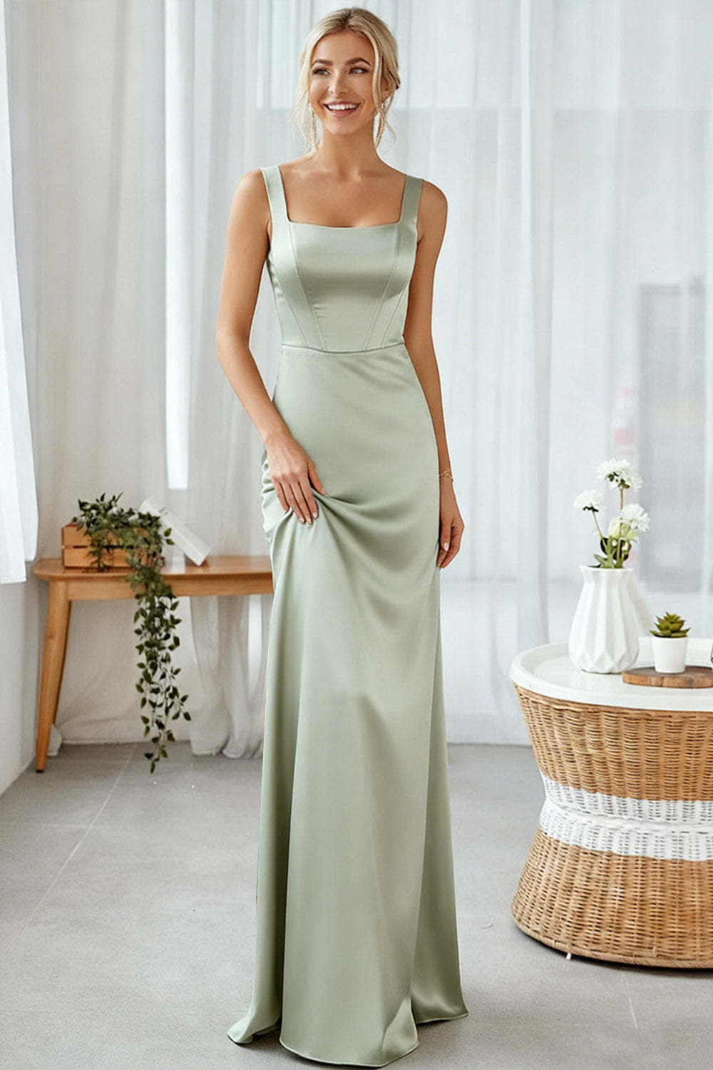 Leely Women Dusty Sage Thick Straps Long Bridesmaid Dress Sheath Backless Satin Wedding Guest Dress