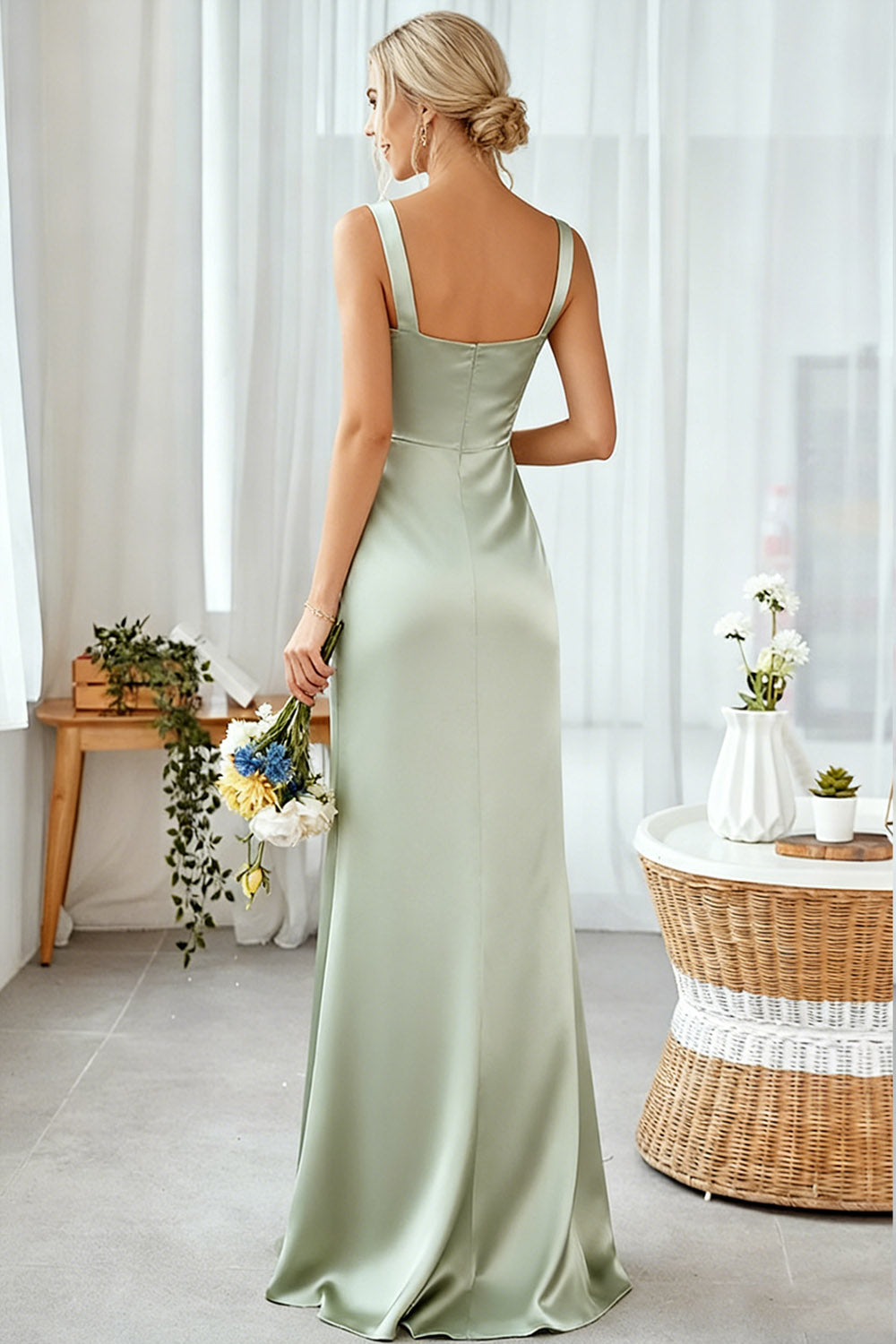 Dusty Sage Sheath Thick Straps Long Bridesmaid Dress