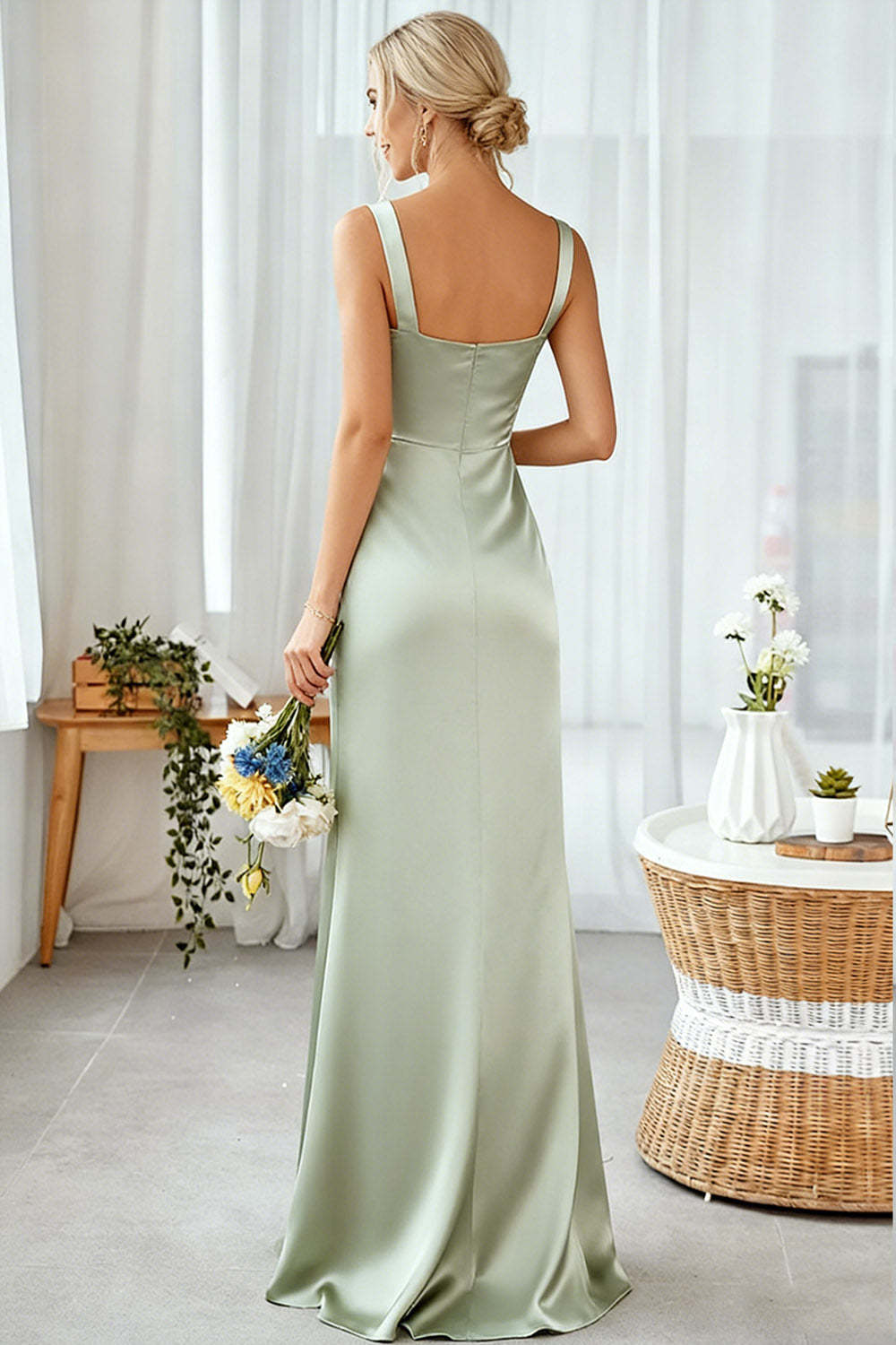 Dusty Sage Sheath Thick Straps Long Bridesmaid Dress